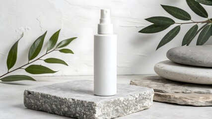 Minimalist white spray bottle with natural elements on stone and concrete for beauty product presentation