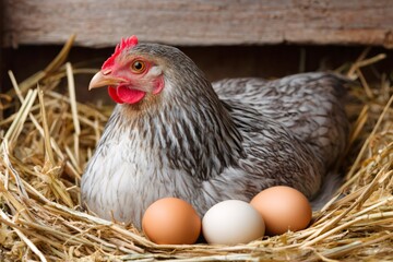 Hen nesting on straw with farm eggs