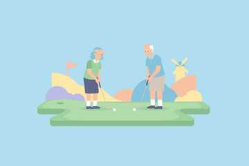 Happy senior couple playing golf on a putting green Active retirement and leisure lifestyle