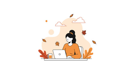 Woman working on laptop in a cozy autumn setting Remote business illustration