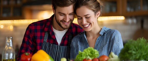 The joyful couple dances like fireflies while prepping fresh vegetables in their cozy kitchen