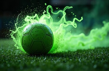 Naklejka premium A green soccer ball on grass with glowing green energy effects surrounding it