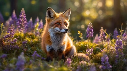 A serene red fox sitting among vibrant purple wildflowers in a sunlit forest clearing