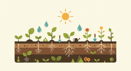 Growth and development of plants from seed to maturity, illustrating stages of plant life cycle and agricultural processes