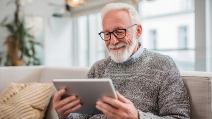 Elderly man reads on tablet with a smile surrounded by cozy furnishings and natural light.
