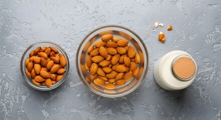 Preparing fresh almond milk from dried almonds, featuring a glass of soaked nuts and the finished milk, beautifully arranged on a gray textured background
