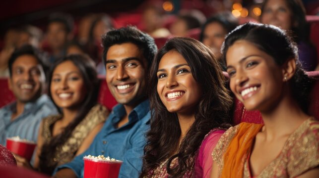 Friends share smiles and laughter while watching a movie in a packed theater.