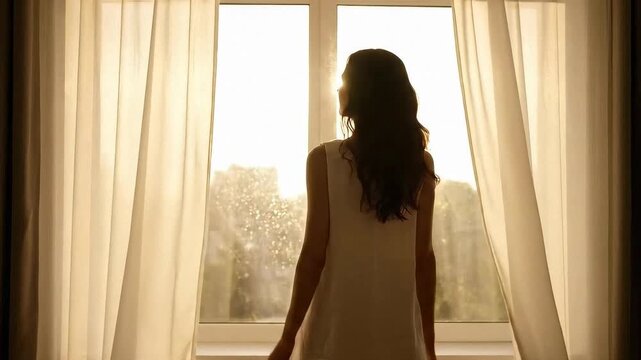 Woman Opening White Curtains to Welcome Bright Morning Sunshine for Positive Vibes in Wellness Blogs, Relaxation Videos, Home Decor Inspiration, and Morning Routine Content
