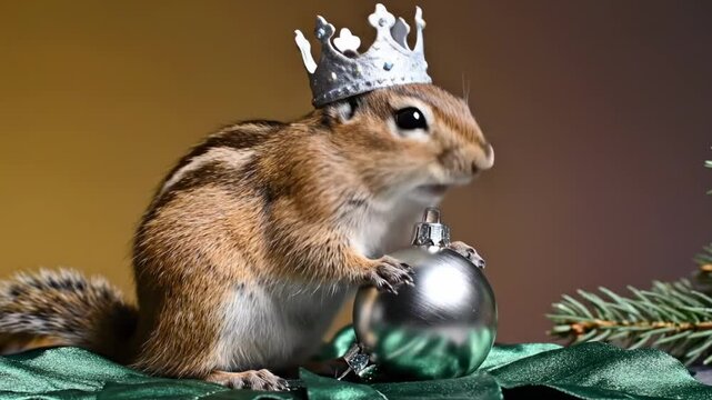 A charming chipmunk wears a small silver crown and holds a shiny ornament, surrounded by green foliage, creating a whimsical and festive holiday atmosphere