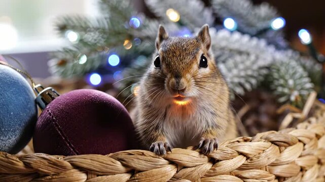 A curious chipmunk peeks over a woven basket filled with festive ornaments and pine branches, illuminated by soft bokeh lights, evoking a cozy holiday spirit