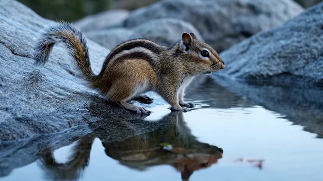 A chipmunk gently approaches the water's edge, its reflection visible in the calm surface as it prepares to drink from the serene, still pond surrounded by rocks