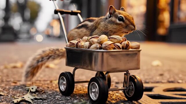 A chipmunk sits in a miniature shopping cart filled with nuts, perched on a city sidewalk during twilight, showcasing a whimsical blend of urban life and nature