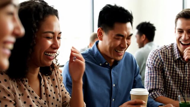 Diverse group of colleagues laughing heartily during a meeting, one woman covering her mouth in amusement, another man holding a coffee cup