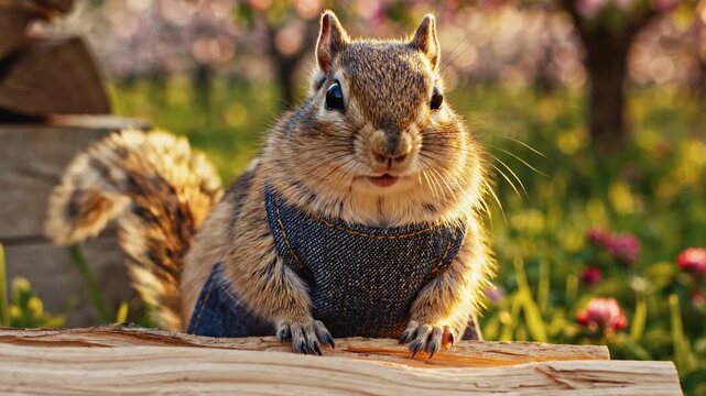 A cute chipmunk wearing a denim vest sits on a log, surrounded by vibrant flowers and soft pink blossoms in the background, showcasing a warm and cheerful spring ambiance