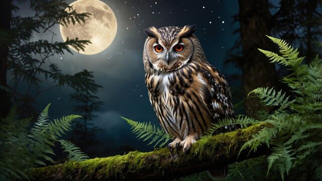 Majestic owl perched on a mossy branch under a full moon, surrounded by a serene forest at night