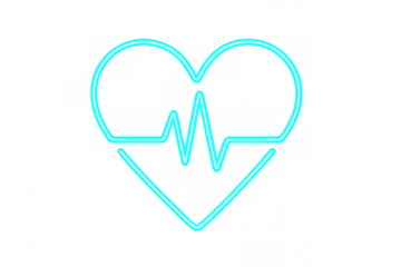 Heart symbol with an ecg pulse line in a bright neon cyan glow, representing cardiology, healthcare, and vital signs