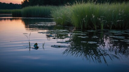 Obraz premium Serene sunset over a tranquil lake with lush grass and lily pads reflecting in the water