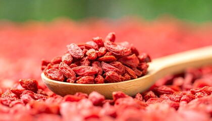 Dried goji berries in a wooden spoon with a pile of berries in the background, a healthy and nutritious superfood
