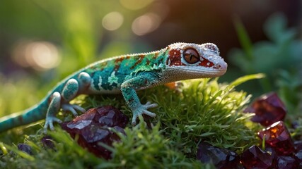 Obraz premium Colorful gecko resting on vibrant moss surrounded by shiny crystals in a lush outdoor setting