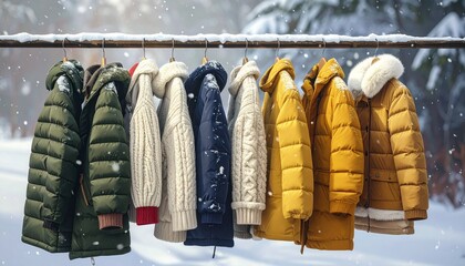 Winter Coats on Rack in Snowy Landscape
