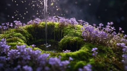 Obraz premium A serene water feature surrounded by vibrant purple flowers and lush green moss in a tranquil garden