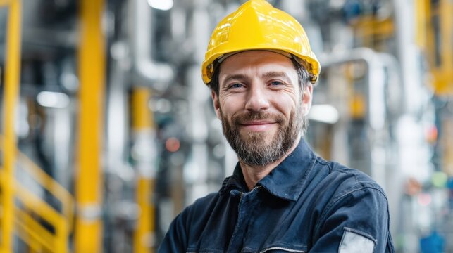 A cheerful worker in bright safety gear stands confidently among machinery showcasing pride in his role.