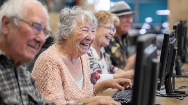 A group of seniors enjoys a computer class sharing laughter and learning together at a community center.
