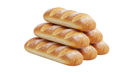 Stack of freshly baked golden baguettes bread loaves isolated on transparent background