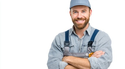 A friendly man wearing a gray shirt and cap stands proudly with arms crossed smiling bright.