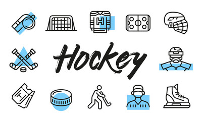 Hockey poster. Hockey banner design with sports icons. Puck, Helmet, Ice skate, Sticks, Goal, Rink, and Referee icons. Simple line style for cover, header, or web design. Vector illustration.