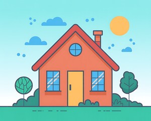 Fototapeta premium Simple cartoon house with red roof and yellow door under a sunny sky
