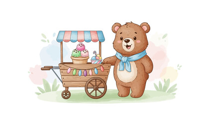 Ein niedlicher B&auml;r mit einem s&uuml;&szlig;en Wagen voller Cupcakes.