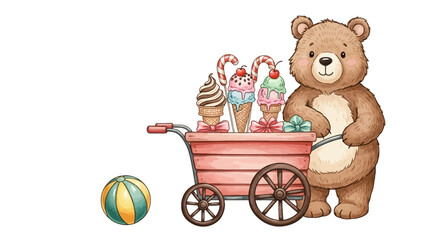 Ein B&auml;r mit einem roten Einkaufswagen voller Eis.