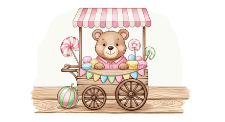 Ein niedlicher Teddyb&auml;r in einem S&uuml;&szlig;igkeitenwagen.