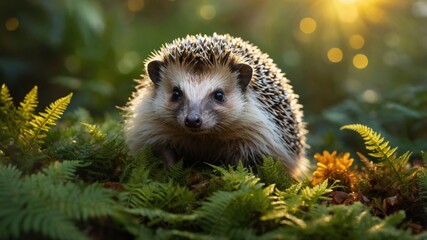 Fototapeta premium A hedgehog foraging among lush ferns in a sunlit forest, creating a serene and vibrant atmosphere