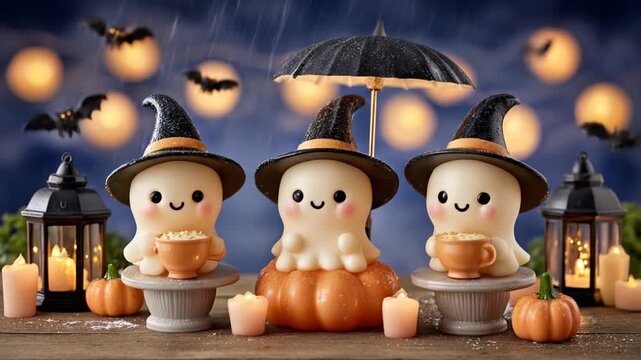 Adorable Halloween scene.  Three cute ghosts in witch hats, holding mugs, under rain and a bat backdrop