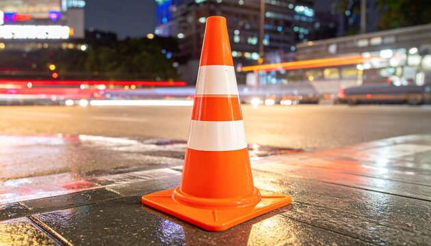 Traffic cone on city street at night, symbolizing safety and motion.