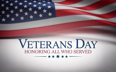 Veterans Day Text with Waving American Flag Background