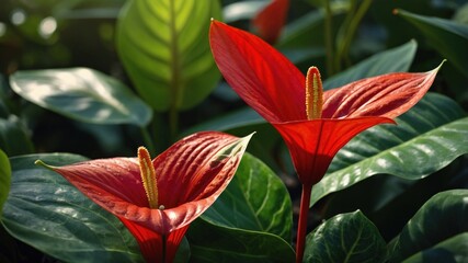 Vibrant red anthurium flowers bloom amidst lush green foliage in a serene garden setting