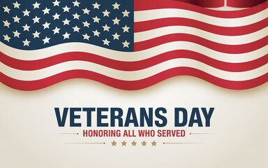 Veterans Day Text with Waving American Flag Background