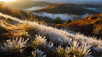 Frost-covered plants in a serene landscape at sunrise, with mist rolling over distant hills