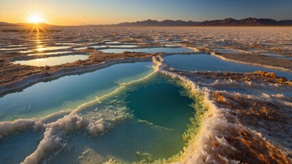 Stunning sunrise over a salt flat with reflective pools and rugged mountains in the background