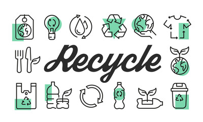 Recycle poster. Recycle banner design with eco icons. Bottle, Leaf, Globe, Arrows, Bin icons. Simple poster for presentations, covers. Banner template. Vector illustration.