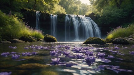 Serene waterfall cascading over rocks, surrounded by lush greenery and purple flowers in the foreground