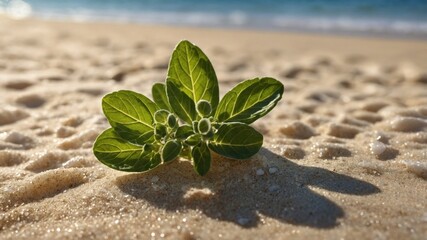 Green plant emerging from sandy beach, with ocean waves in the background under bright sunlight