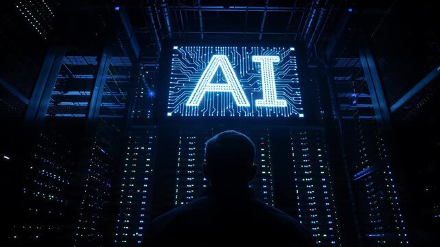 A person views a glowing AI symbol amidst servers, showcasing a futuristic data center's technology