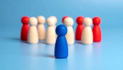 Blue figure stands apart from red-white group, symbolizing exclusion or leadership.