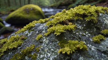 Close-up of vibrant green moss covering a rock near a serene flowing stream in a lush forest