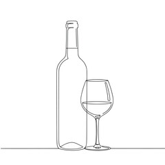 Minimalist continuous line drawing of a wine bottle and glass