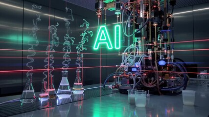 Futuristic lab scene with "AI" neon sign, scientific equipment, glass beakers, swirling vapors, and lasers - Powered by Adobe